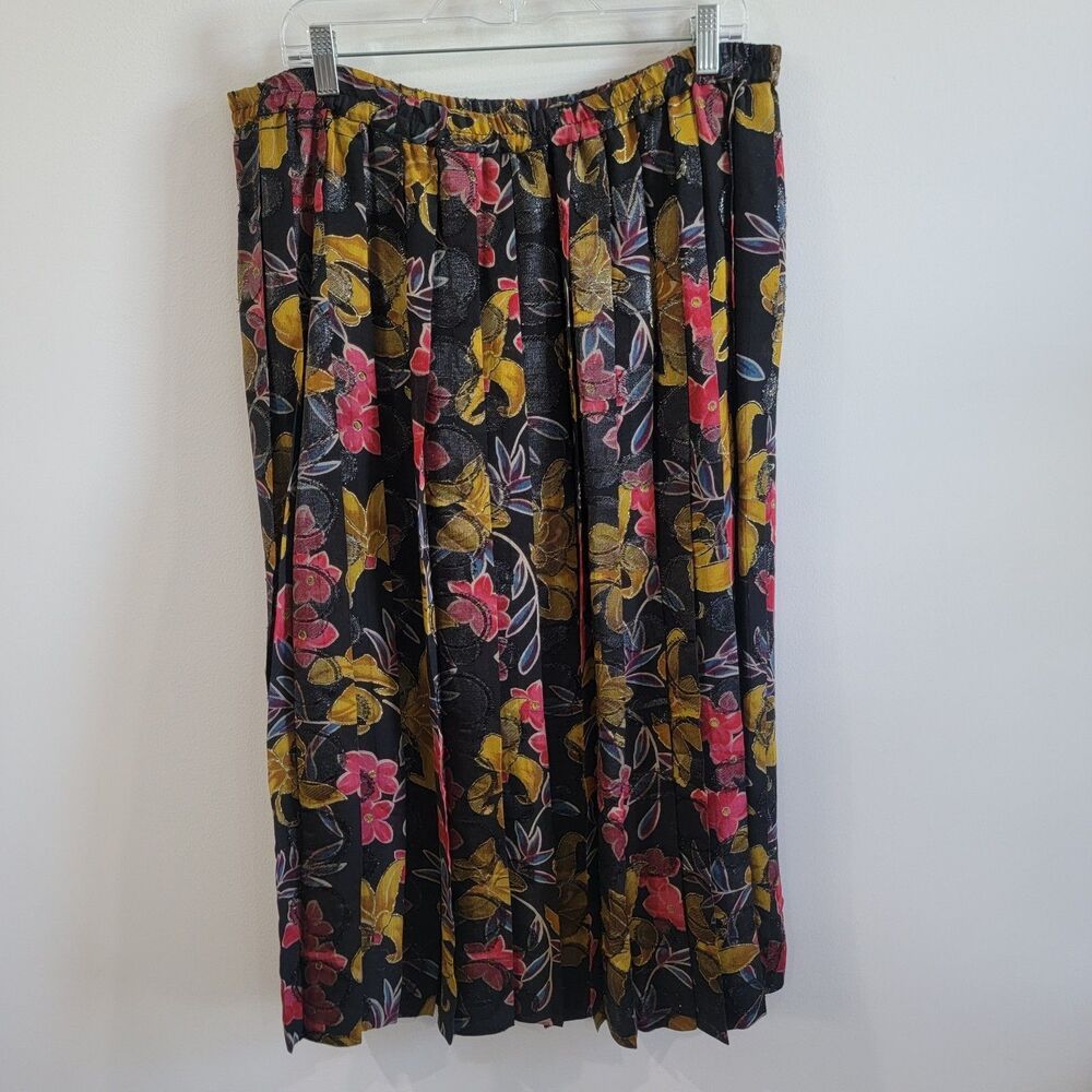 Vintage Womens Maxi Skirt Size XL Floral Pleated Glitter Whimsy Ethereal